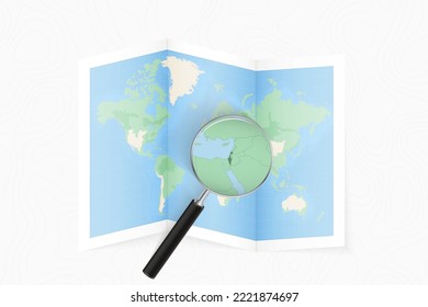 Enlarge Israel with a magnifying glass on a folded map of the world. Vector paper map.