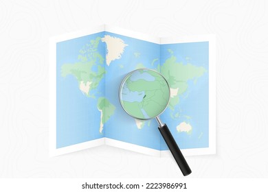Enlarge Lebanon with a magnifying glass on a folded map of the world. Vector paper map.