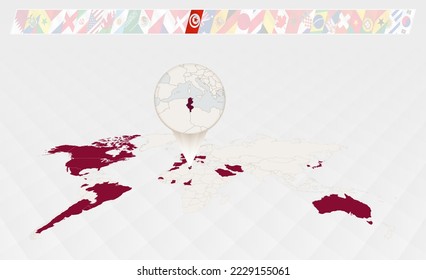 Enlarge the map of Tunisia selected on the perspective world map, Infographics about the participants in soccer tournament. Vector illustration.