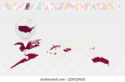 Enlarge the map of USA selected on the perspective world map, Infographics about the participants in soccer tournament. Vector illustration.