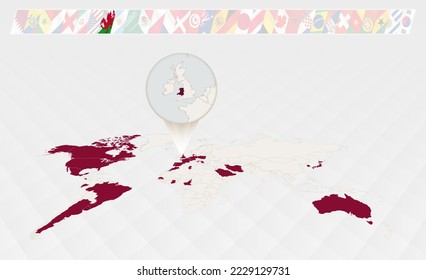 Enlarge the map of Wales selected on the perspective world map, Infographics about the participants in soccer tournament. Vector illustration.