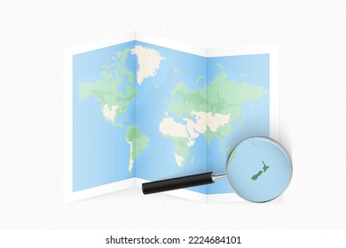 Enlarge New Zealand with a magnifying glass on a folded map of the world. Vector paper map.