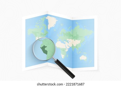 Enlarge Peru with a magnifying glass on a folded map of the world. Vector paper map.