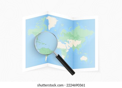 Enlarge Puerto Rico with a magnifying glass on a folded map of the world. Vector paper map.