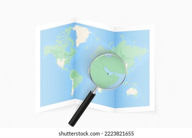 Enlarge Qatar with a magnifying glass on a folded map of the world. Vector paper map.