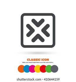 Enlarge or resize icon. Full Screen extend symbol. Classic flat icon. Colored circles.