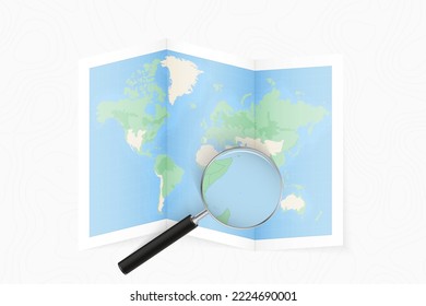 Enlarge Seychelles with a magnifying glass on a folded map of the world. Vector paper map.