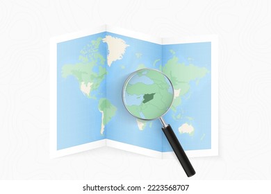 Enlarge Syria with a magnifying glass on a folded map of the world. Vector paper map.