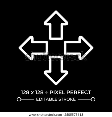 Enlarge white linear icon for dark theme. Four arrows pointing outwards to represent expansion or decision making. Zoom in. Thin line illustration. Isolated symbol for night mode. Editable stroke