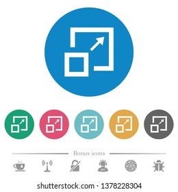 Enlarge window flat white icons on round color backgrounds. 6 bonus icons included.