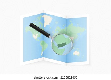 Enlarge Yemen with a magnifying glass on a folded map of the world. Vector paper map.