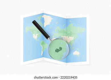 Enlarge Zambia with a magnifying glass on a folded map of the world. Vector paper map.