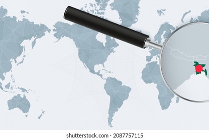 Enlarged map of Bangladesh on America centered World Map. Magnified map and flag of Bangladesh. Vector template.