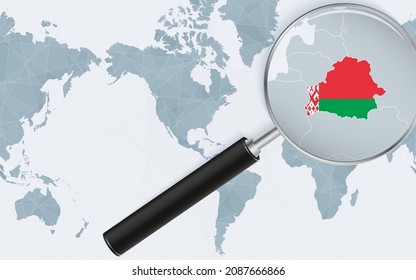 Enlarged map of Belarus on America centered World Map. Magnified map and flag of Belarus. Vector template.