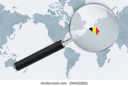 Enlarged map of Belgium on America centered World Map. Magnified map and flag of Belgium. Vector template.