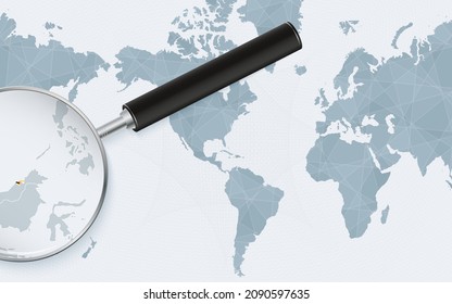 Mapa ampliado de Brunei en Estados Unidos centrado en el Mapa Mundial. Mapa y bandera de Brunei. Plantilla de vectores.