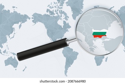Enlarged map of Bulgaria on America centered World Map. Magnified map and flag of Bulgaria. Vector template.
