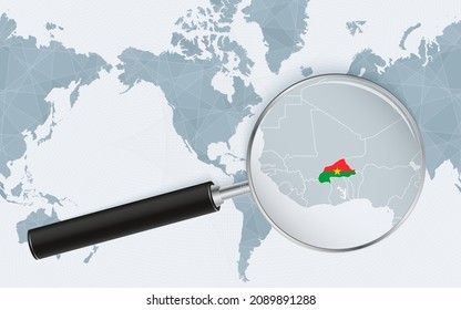 Enlarged map of Burkina Faso on America centered World Map. Magnified map and flag of Burkina Faso. Vector template.