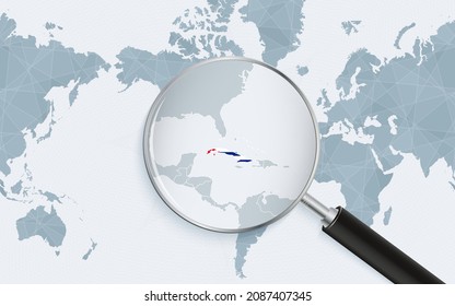 Enlarged map of Cuba on America centered World Map. Magnified map and flag of Cuba. Vector template.