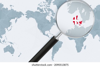 Enlarged map of Denmark on America centered World Map. Magnified map and flag of Denmark. Vector template.