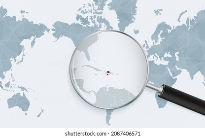 Enlarged map of Dominican Republic on America centered World Map. Magnified map and flag of Dominican Republic. Vector template.