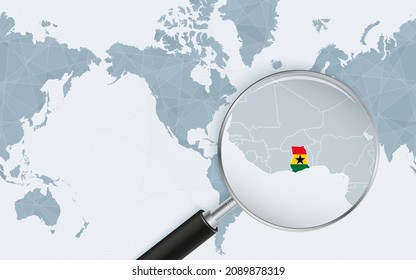 Enlarged map of Ghana on America centered World Map. Magnified map and flag of Ghana. Vector template.