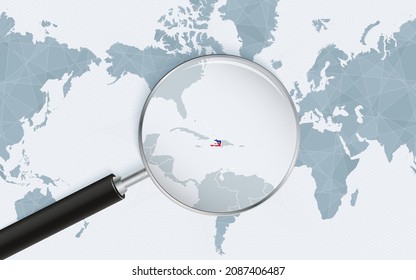 Enlarged map of Haiti on America centered World Map. Magnified map and flag of Haiti. Vector template.