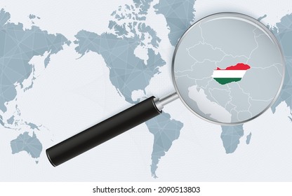 Enlarged map of Hungary on America centered World Map. Magnified map and flag of Hungary. Vector template.