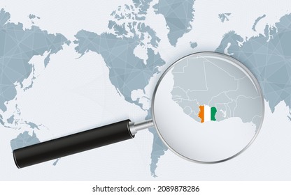 Enlarged map of Ivory Coast on America centered World Map. Magnified map and flag of Ivory Coast. Vector template.