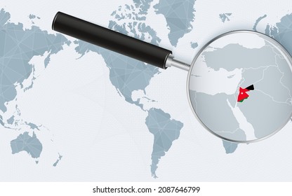 Enlarged map of Jordan on America centered World Map. Magnified map and flag of Jordan. Vector template.