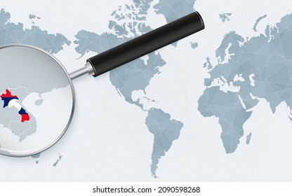 Enlarged map of Laos on America centered World Map. Magnified map and flag of Laos. Vector template.