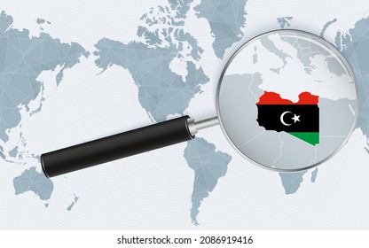Enlarged map of Libya on America centered World Map. Magnified map and flag of Libya. Vector template.