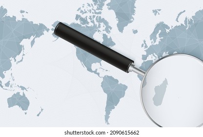 Enlarged map of Mauritius on America centered World Map. Magnified map and flag of Mauritius. Vector template.