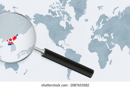 Enlarged map of North Korea on America centered World Map. Magnified map and flag of North Korea. Vector template.
