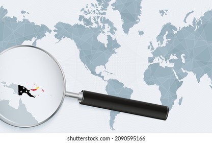 Enlarged map of Papua New Guinea on America centered World Map. Magnified map and flag of Papua New Guinea. Vector template.