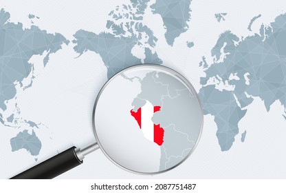 Enlarged map of Peru on America centered World Map. Magnified map and flag of Peru. Vector template.