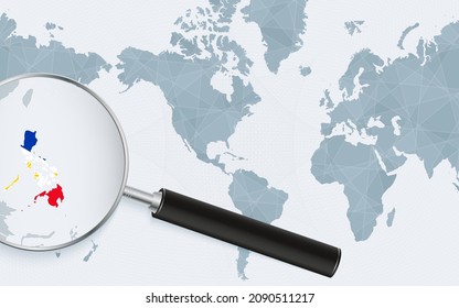 Enlarged map of Philippines on America centered World Map. Magnified map and flag of Philippines. Vector template.
