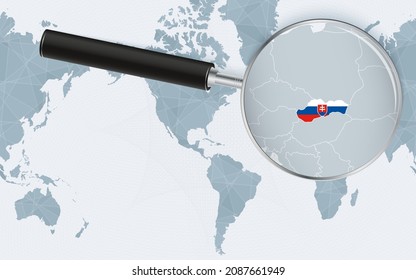 Enlarged map of Slovakia on America centered World Map. Magnified map and flag of Slovakia. Vector template.