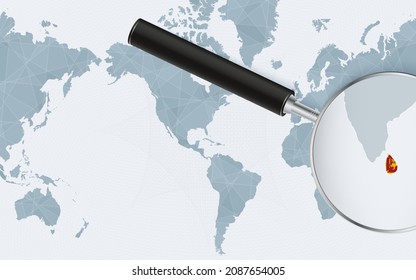 Enlarged map of Sri Lanka on America centered World Map. Magnified map and flag of Sri Lanka. Vector template.