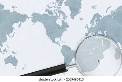 Enlarged map of Swaziland on America centered World Map. Magnified map and flag of Swaziland. Vector template.