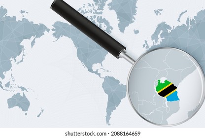 Enlarged map of Tanzania on America centered World Map. Magnified map and flag of Tanzania. Vector template.