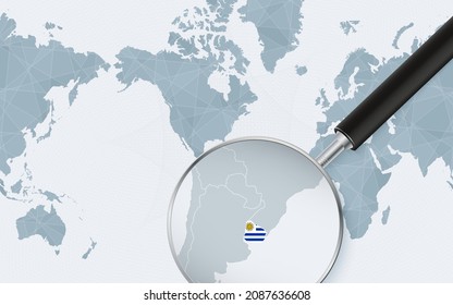 Enlarged map of Uruguay on America centered World Map. Magnified map and flag of Uruguay. Vector template.