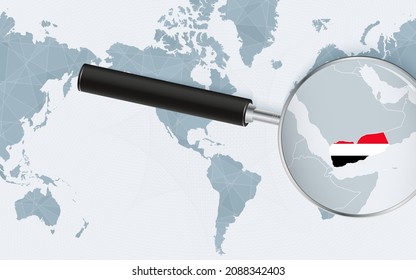 Enlarged map of Yemen on America centered World Map. Magnified map and flag of Yemen. Vector template.