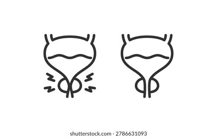 Enlarged and Normal prostate, linear icon. Inflamed prostate blocking urinary flow and healthy urinary flow. Line with editable stroke