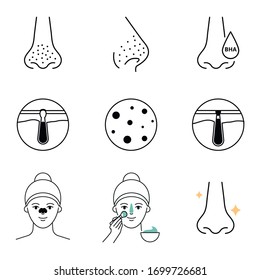 Enlarged pores treatment, blackheads vector icons set