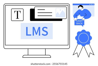 Enlarged view of an LMS interface on a computer screen with text, image icons, certification ribbon, and person handling cashback. Ideal for education, e-learning, online courses, rewards