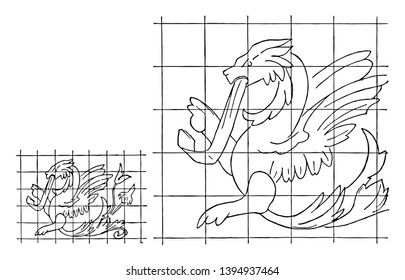 Ampliación de imagen por cuadrados es el método de proporción para redimensionar la imagen, es el dibujo de una cuadrícula de igual proporción en la superficie de trabajo, dibujo de línea vintage o ilustración de grabado.