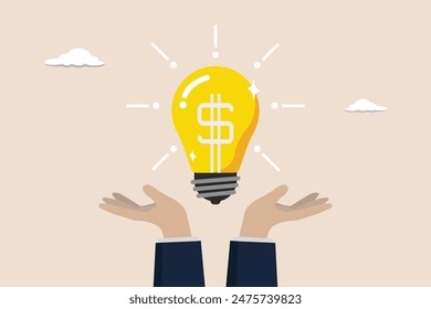 Enlighten money idea, business idea to make profit, innovation concept, businessman hand hold brightly lit money dollar lightbulb idea.