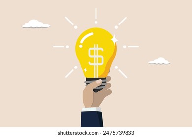 Enlighten money idea, business idea to make money or profit, innovation concept, businessman hand hold brightly lit money dollar lightbulb idea.