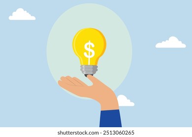 Enlighten money idea, Businessman tightly grasps a glowing dollar bill representing a bright idea.